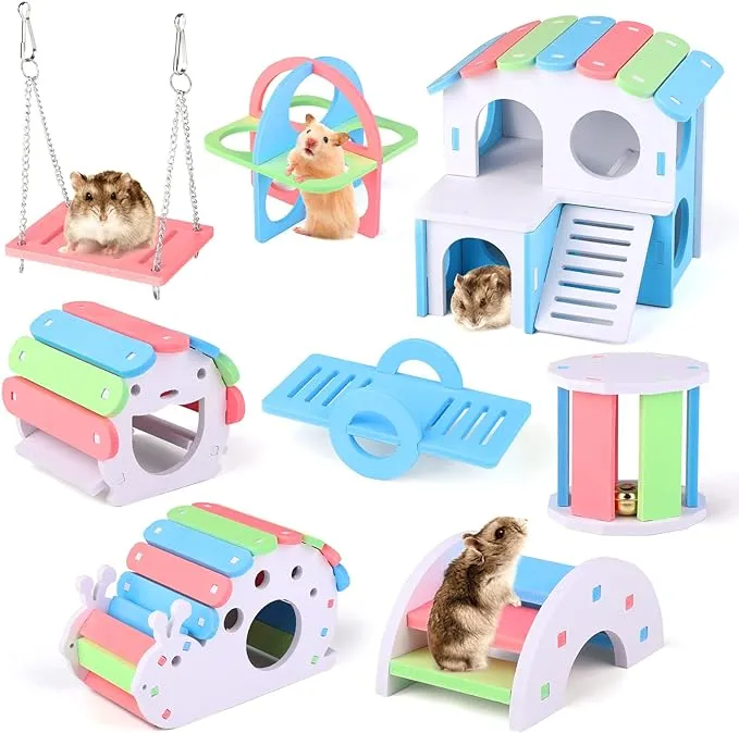 Tiibot 8 Pieces Fun Hamster Toys DIY Wooden Gerbil Hideout Include Swing Seesaw Rainbow Villa Bear's Nest Fitness Circle Arch Bridge Bell Roller Snail House for Sport Exercise Small Animals, Blue