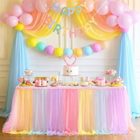 Suppromo Rainbow Table Skirt for Birthday Party 6ft Unicorn Tulle Tutu Table Skirt for Baby Shower Girl Boy Gender Reveal Rainbow Tablecloth for Unicorn Party Decorations(L6(ft) H 30in, Rainbow)