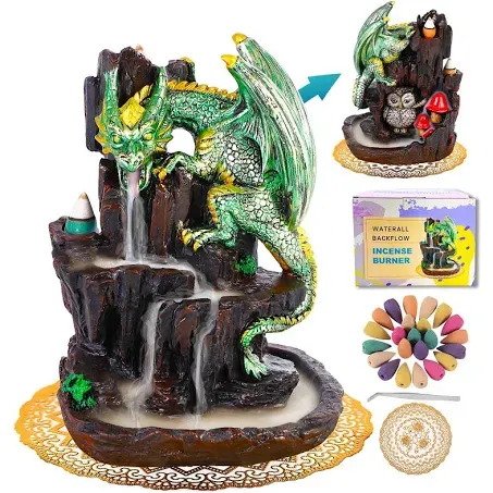 Dragon Backflow 2 Sided Mountain Waterfall Incense Burner,Fountain Smoke Incense Holder with Backflow Incense Cones, Tweezers, Mat，Resin Aromatherapy Meditationvaiuk (Green)