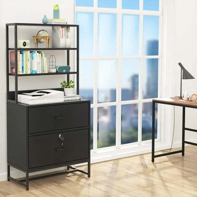 File Cabinet with Lock and Bookshelf, Letter Size Large Modern File Cabinet Printer Stand with Open Storage Shelf