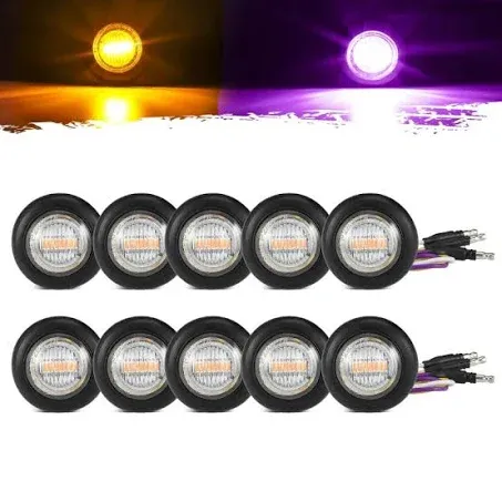 Partsam 10Pcs Dual Color 3/4" Round LED Marker Light Amber to Purple Auxiliary Light Side Marker Clearance Light Turn Signal Indicators with Bullet Plug for Trailer Truck Pickup Camper RV