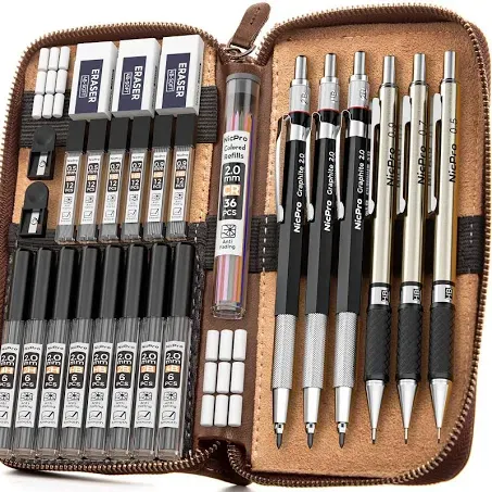 Nicpro 30PCS Art Mechanical Pencil Set in Leather Case, Metal Drafting Pencil 0.5 mm, 0.7 mm, 0.9 mm & 3 PCS 2mm Lead Holders for Sketching Drawing With 16 Tube (6B 4B 2B HB 2H 4H Colors) Lead Refills