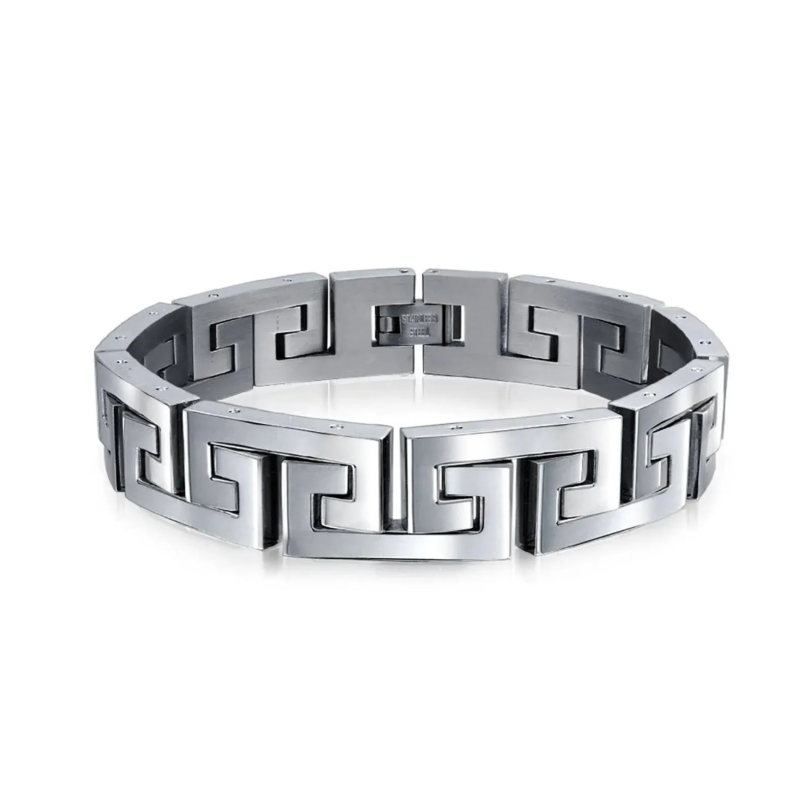 Geometric Fancy Greek Key Wristband Link Bracelet for Men Silver Tone Stainless Steel