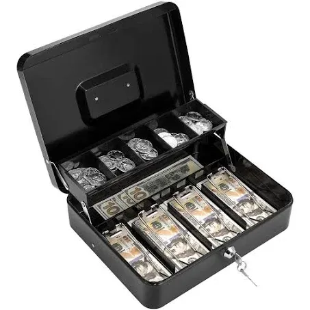 Cash Box with Lock and Money Tray Metal Money Box for Cash Register Large Cash Safe Box Tiered 11.8 x 9.4 x 3.54 Inches Black