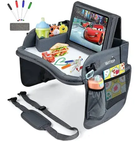 Kids Travel Tray with Dry Erase Board, Travel Tray for Kids Car Seat, Carseat Table Trays for Toddler, Kid Activity Desk for Air Travel, No-Drop Tablet Holder & Borders (All Grey)