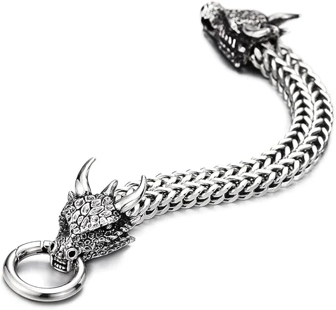 Mens Large Stainless Steel Dragon Curb Chain Bracelet, 8.5 Inches Long, Biker Masculine