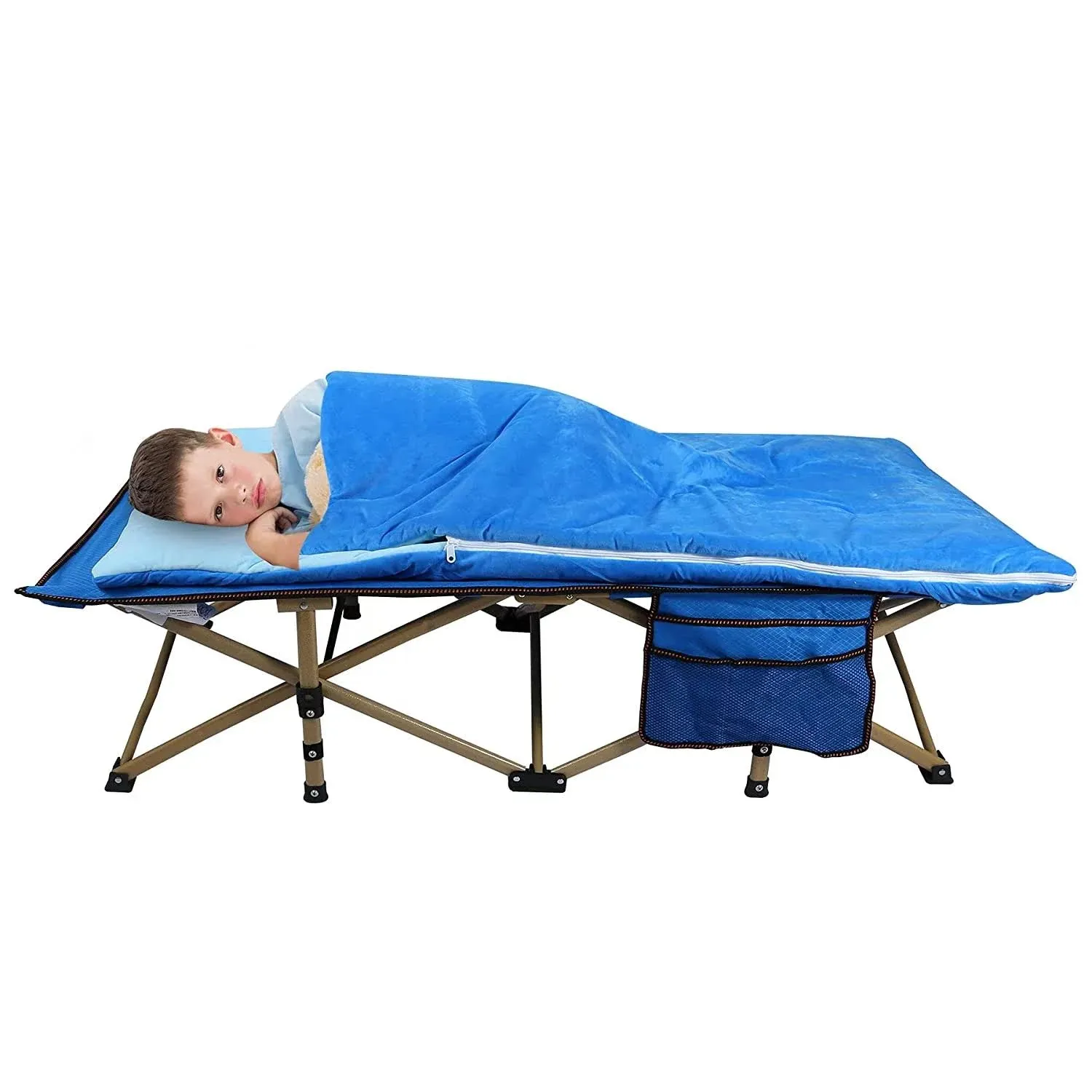 REDCAMP Extra Long Toddler cot with Sleeping Bag, Portable kids travel bed for sleeping, Blue 53''x26''