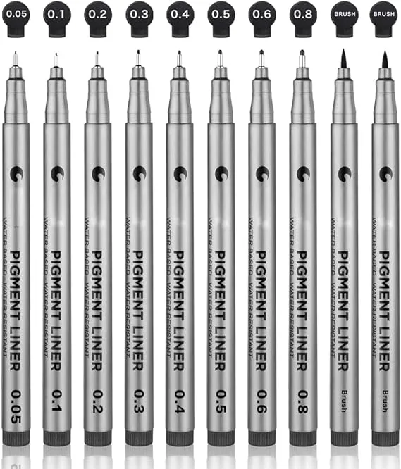 Set of 10 Black Micro-Pen Fineliner Pens - Waterproof Archival Ink Micro Fine Point Liner Pen, Multiliner - Sketching, Anime, Artist Illustration,