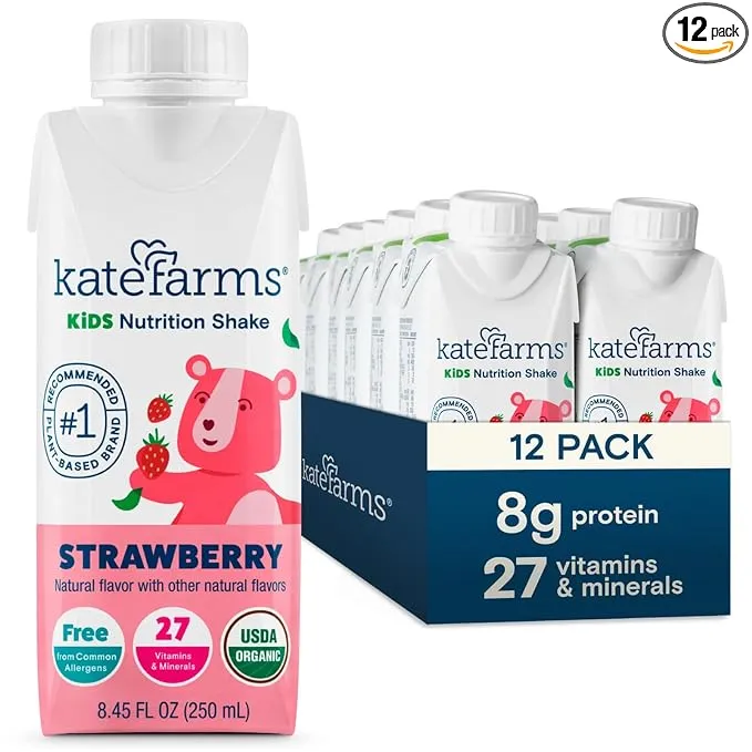 Kate Farms Organic Kids Nutrition Shake, Strawberry, 8g Protein, 27 Vitamins and Minerals, Meal Replacement, Protein Shake, Gluten Free, Non-GMO, 8.45