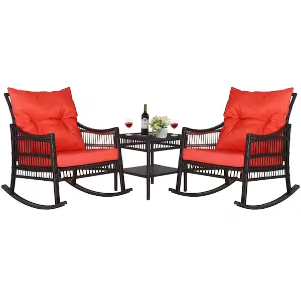 Dark Brown 3-Piece Patio Wicker Outdoor Rocking Chair Set with Orange Cushions and Pillows