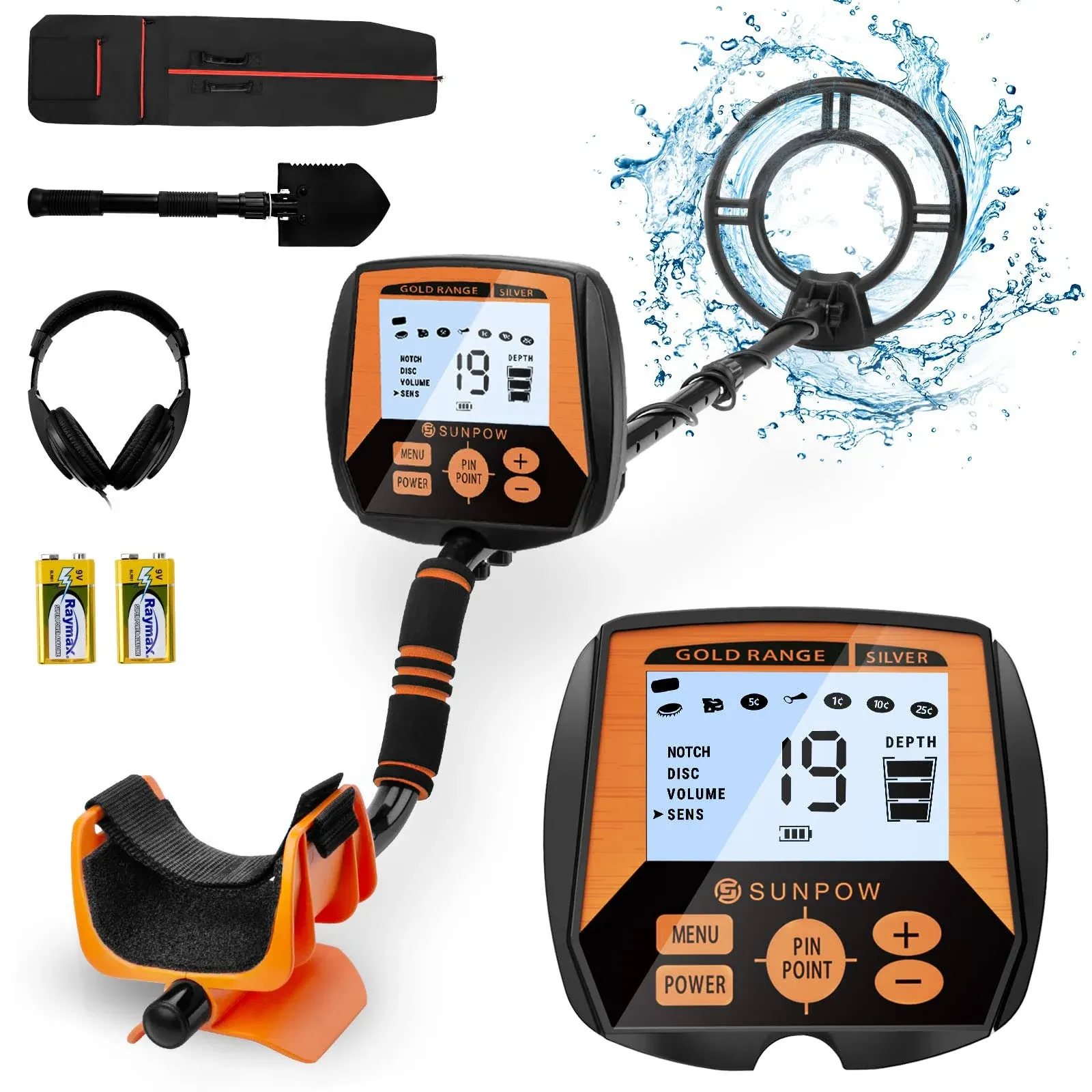 SUNPOW Professional Waterproof Metal Detector 10'' Depth Black Orange