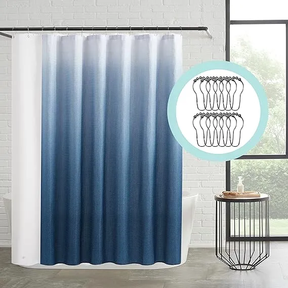 Navy Blue White Ombre 14 Piece Shower Curtain, Hooks &amp; Liner Bathroom Set– Inclu