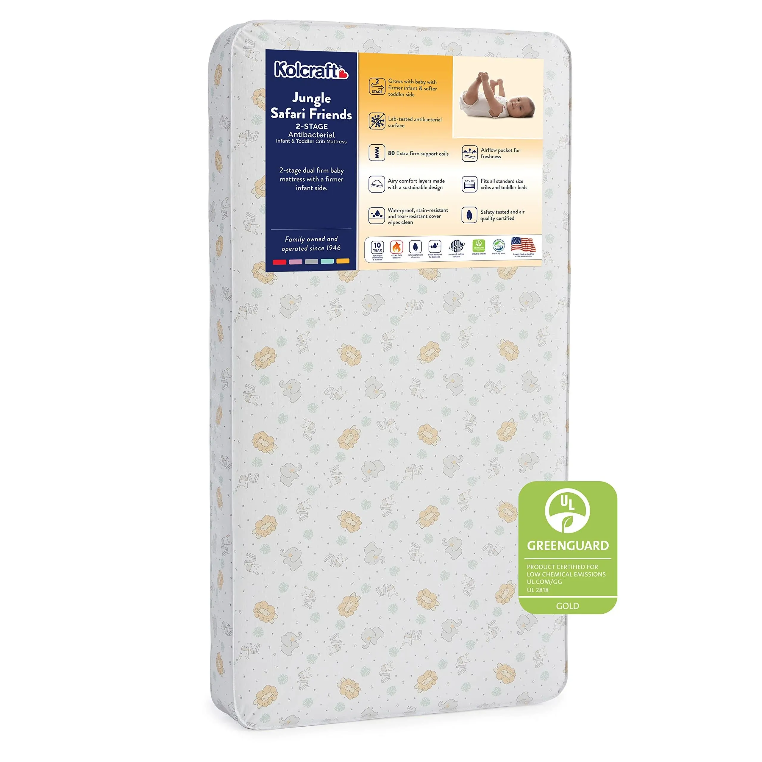 Kolcraft 2-Stage Antibacterial Baby Crib Mattress and Toddler Bed Mattress - Jungle Safari