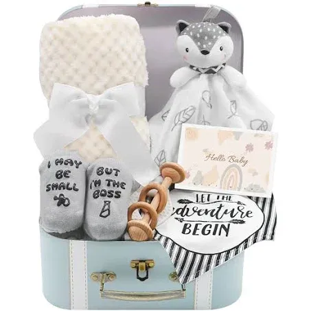 Baby Shower Gifts, Baby Boy Gifts Basket Includes Newborn Blanket Baby Lovey Security Blanket Wooden Rattle Toy, Funny Baby Bibs Socks & Greeting Card - Baby Gift Set Newborn Shower Basket