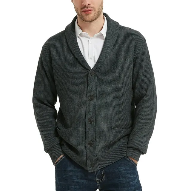 Kallspin Men's Wool Blend Shawl Collar Cardigan Sweater Button Down Knitwear with Pockets