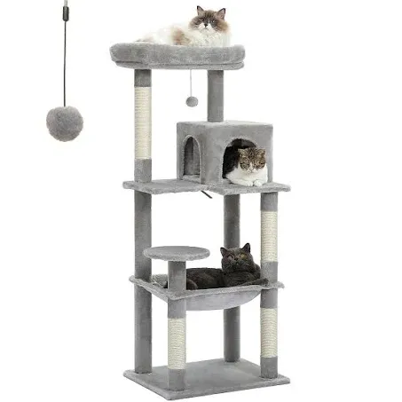 PETEPELA 56.3 Inches Multi-Level Cat Tree Cat Tower with Sisal Covered Scratching Posts, Comfort Condo, Extra Large Hammock and Plush Perches Beige