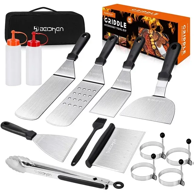 Morfone Griddle Accessories Kit, 14 Pcs Stainless Steel Griddle Grill Tools Set Blackstone and Camp Chef, Professional Grill Spatula Set for Men Women Outdoor BBQ and Camping