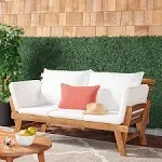 SAFAVIEH PAT7300A Collection Emely Acacia Wood Cushion Expandable Loveseat Outdoor Daybed, Natural/Beige