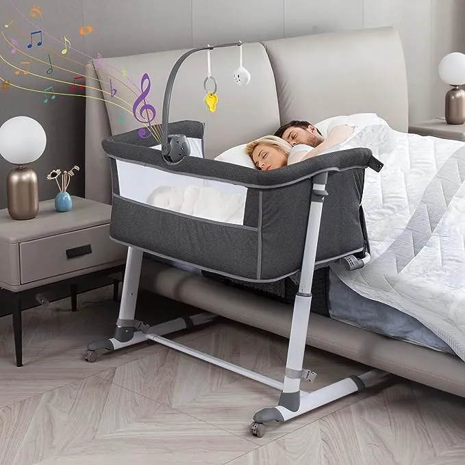 Yacul Bassinet Bedside Sleeper Baby Bassinet with Music Box &Toy&Mattes Baby Cribfor Newborn Infants Baby 0-6 Months(Dark GRAY-NO Wheels)