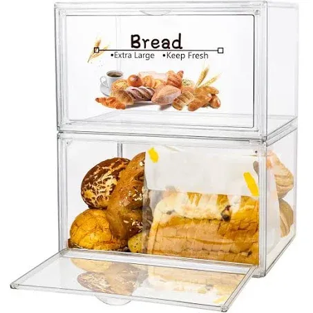 RISICULIS 2PCS Large Bread Box for Countertop, Stackable Double Layer Storage Container, Clear Boxes for Kitchen Counter, Bread Keeper for Homemade Bread, Bagel, Muffins, Rolls