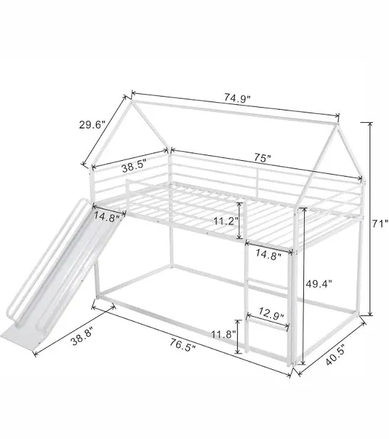 Harper & Bright Designs Twin Over Twin House Bunk Bed with Slide and Ladder, Metal Low Bunk Bed Frame for Kids Girls Boys - White