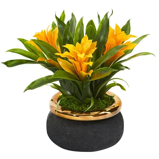 Silk Plant Nearly Natural 11"Bromeliad Artificial Plant in Stoneware Planter - Yellow