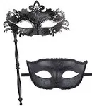 IETANG On Stick Couple's Gorgeous Venetian Masquerade Masks Party Costumes Accessory (ON Stick-black)