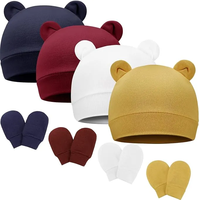 DRESHOW Bqubo Newborn Baby Hats Bear Ears and Mittens Sets Preemie Cotton Caps ...