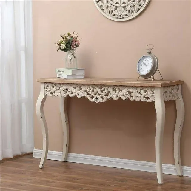 LuxenHome Victorian Off White and Natural Wood Console and Entry Table