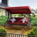 NOBLEMOOD 3-Seat Patio Porch Swing with Adjustable Canopy, Thickened Cushion & Foldable Tray, Red