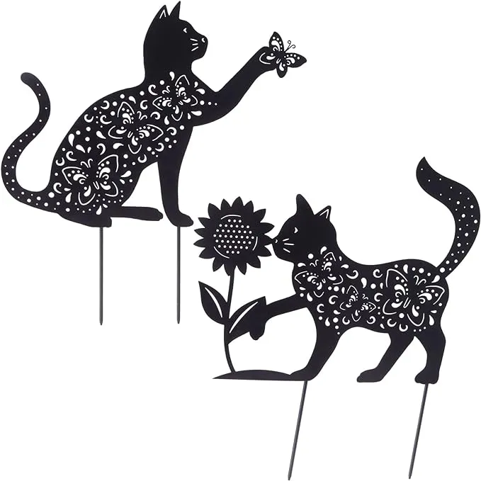 Farmlyn Creek Set of 2 Black Cat Garden Stake Silhouettes for Lawn Decor, Gifts, Decorative Outdoor Metal Animal Statues for Yard