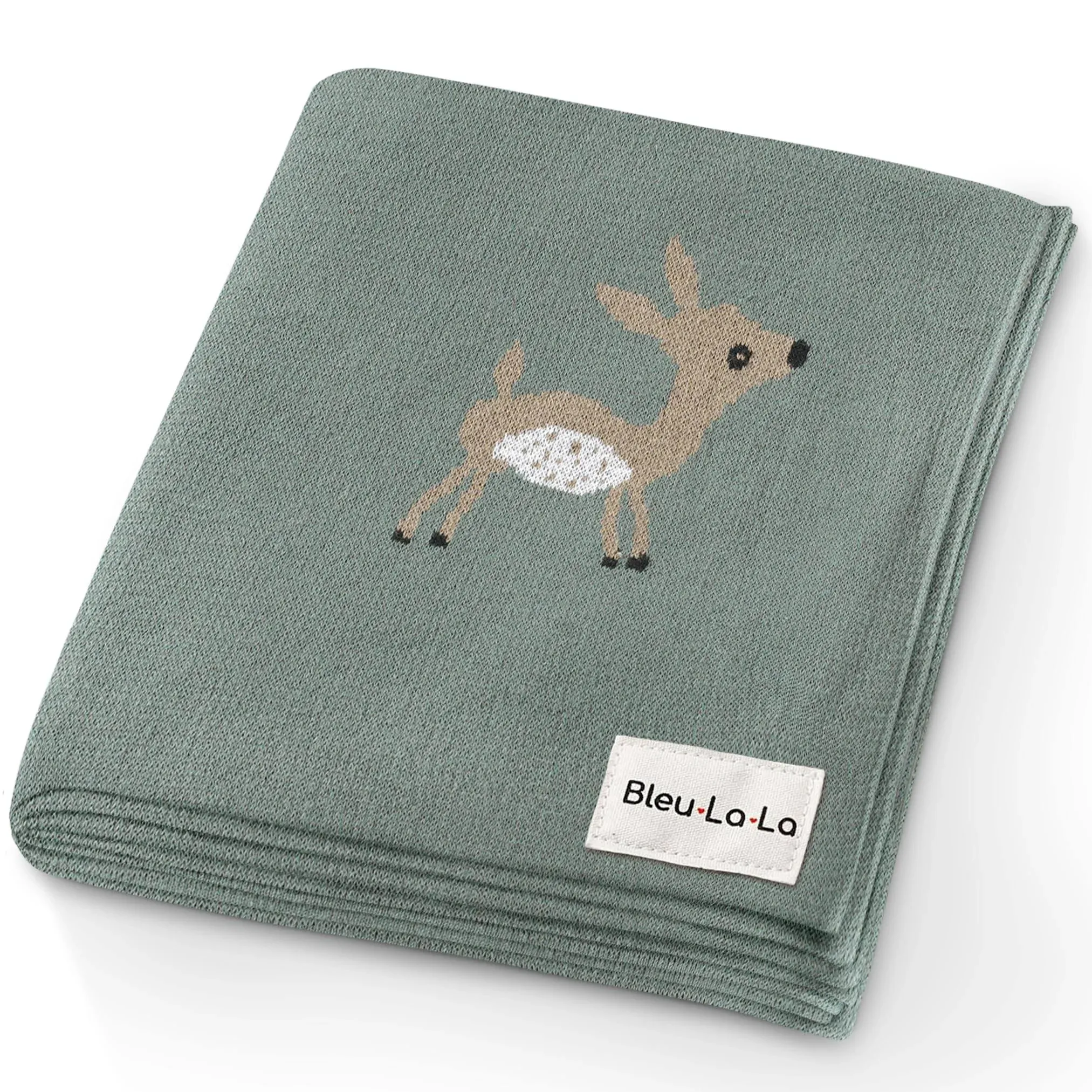 Bleu La Knit Baby Swaddle Blanket - 100% Cotton Soft Crib, Deer - Sage 