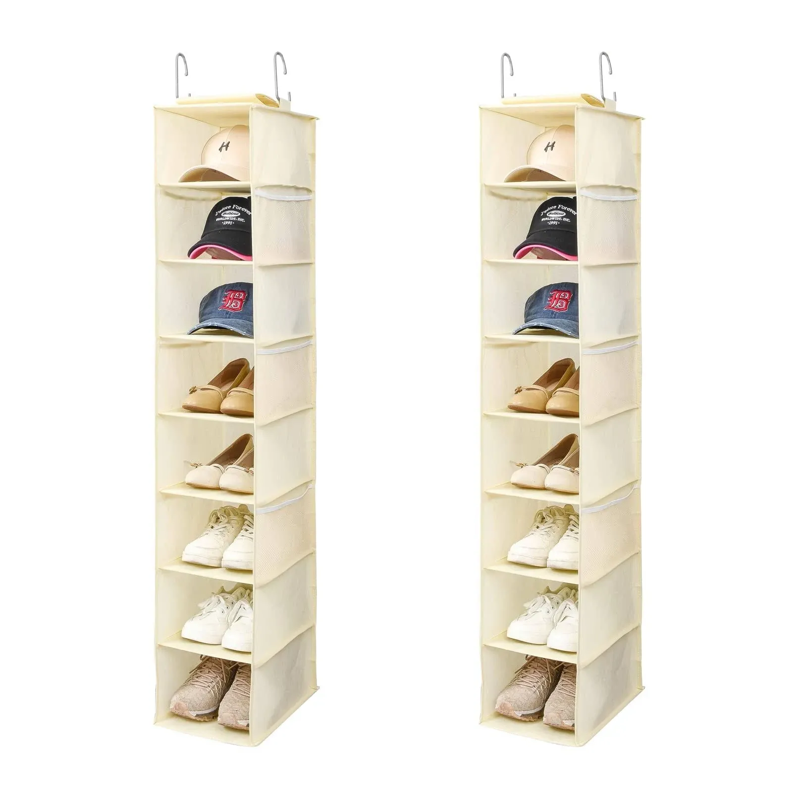 Hanging Shoe Organizer for Closet with Side Mesh Pockets，Hat Racks for Baseball Caps，Shoe and Hat Holder & Storage，8-Shelf，Beige，2 Pack