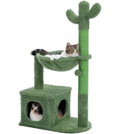 Cactus Cat Tree 40" Cat Tower with Large Metal Carpet Hammock, Cat Scratching Post for Indoor Cats with Condo& Dangling Ball, Green