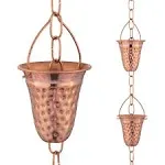 Copper Hammered Rain Chain – Decorative Chimes & Cups Replace Gutter Downspout & Divert Water Away from Home for Stunning Fountain Display – 6.5’ Long for Universal Fit – Bell Style