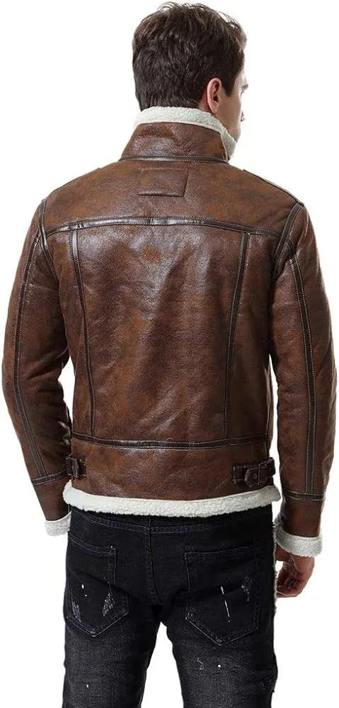 AOWOFS Men's Faux Leather Jacket Brown Motorcycle Bomber Shearling Suede Stand Collar