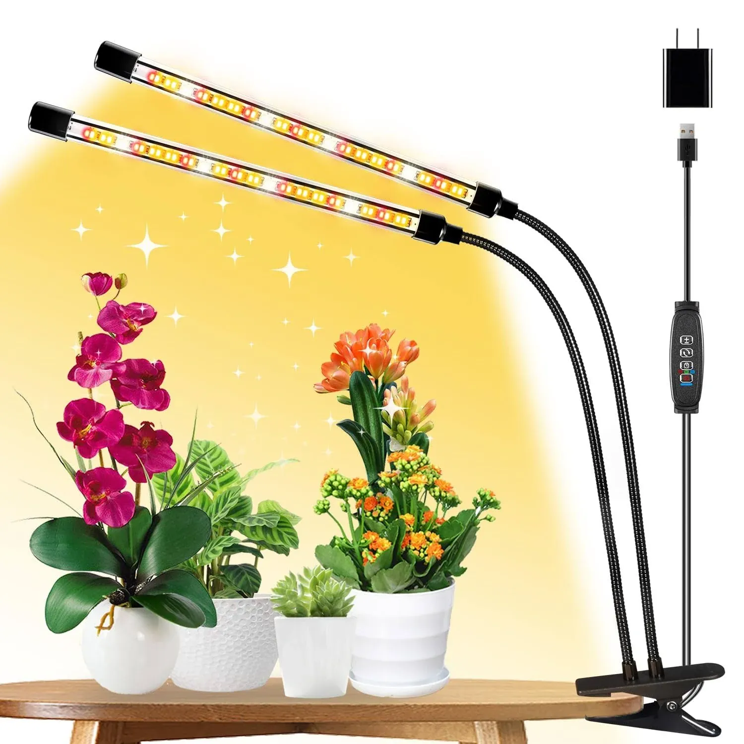 2 Heads Grow Light for Indoor Plants, 6000K Full Spectrum Plant Light with 6/12/18H Auto Timer, V-Shaped Design Light Strip, 5 Dimmable Levels, Plant Lamp Clip-on Desk for Indoor Plant Growing