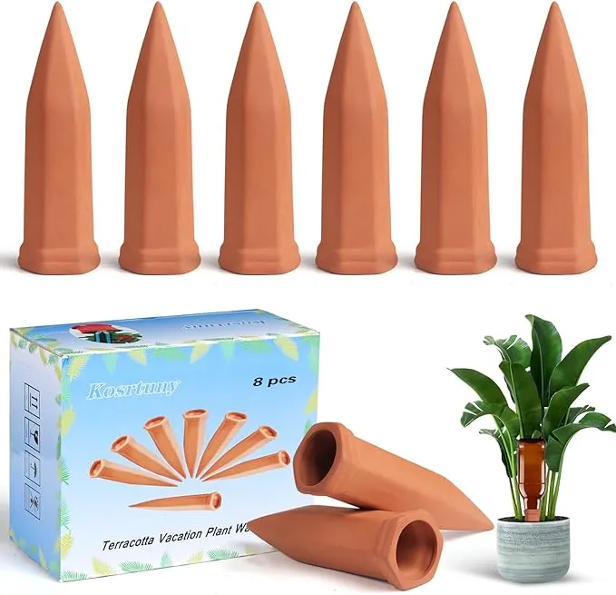 JULIAS 8 Pcs Vacation Plant Waterer Terracotta Plant Waterers Self Plant Watering Spikes Terracotta Wine Bottle Stake Set Plant Watering Devices