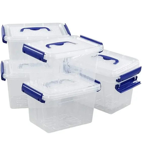 3L Plastic Storage Containers Set of 6, Latching Storage Bin with Handle (Blue handle)