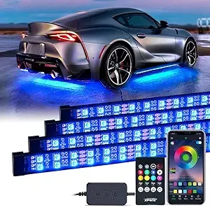 Xprite Double Row RGB LED Car Underglow Bluetooth Lights Strip, 4 PCS Underbody Neon Cars Exterior Glow Light Kit w/APP Control & Wireless Remote, Universal for Vehicles SUV Trucks Pickups Vans