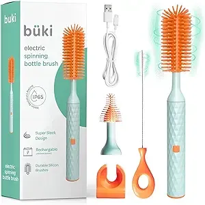 Büki Electric Baby Bottle Cleaning Brush Set - Rechargeable Electric Bottle Brush with Straw Cleaner - Water Bottle Cleaning Kit, Nipple Brush, 1200mAh Brush Cleaner (by Kindersense), Pink