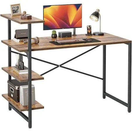 CubiCubi Small Computer Desk with Shelves, 40 Inch Reversible Home Office Desk with 3 Tier Storage Bookshelf, Study Writing Office Table, Rustic Brown