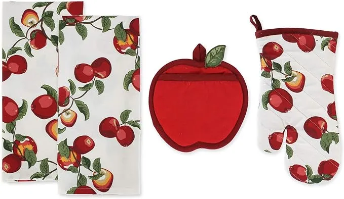 DII Apple Orchard Kitchen Textiles, Potholder 8x8, Oven Mitt 7x13, Dishtowels