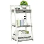 3-Tier White Bathroom Ladder Shelf, Bathroom Floor Storage Shelf with Drawer