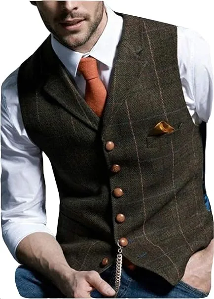 (Coffee, XL) Mens Suit Vest, Notched Plaid Wool Herringbone, Tweed Waistcoat Casual, Formal Business