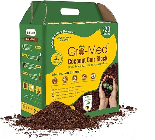 Gro-Med Coco Coir Block - 10lb, Coir Fiber Brick Enriched NPK Expands Upto 80 Quarts - Organic Potting Soil for Flowers, Herbs, Low EC Planting - Growing Medium for Gardening - Seed Starter Soil