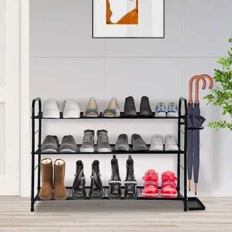 3-Tier Stackable Shoe Rack with Wire Grid Shelf,Shoe rRack For Entryway,Shoe Storage Organizer and Umbrella Holder - Black