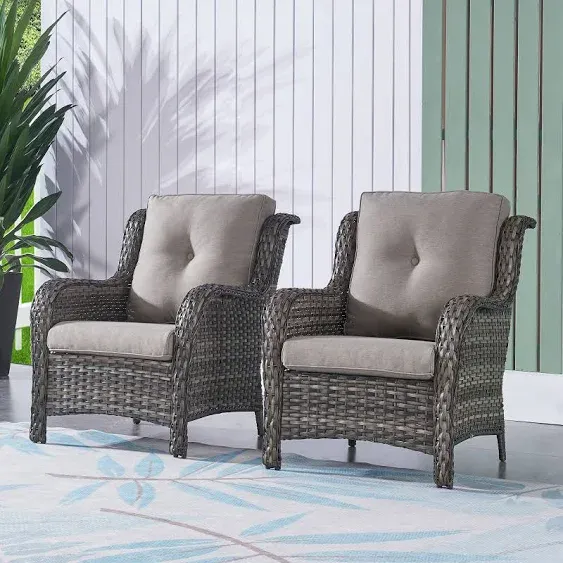 Outdoor Wicker High Back Club Chair with Cushions (Set of 2)