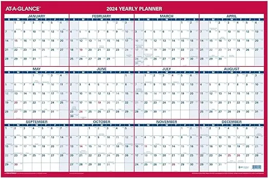 AT-A-GLANCE 2024 Erasable Calendar, Dry Erase Wall Planner, 36" x 24", Large, Vertical/Horizontal, Reversible (PM26B2824)