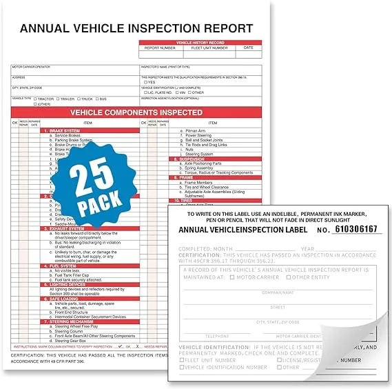 Annual Vehicle Inspection Report Form 25-pk 3-Ply Carbonless 8.5" x 11.75" + 2-Ply Vinyl with Mylar Laminate Label 5" x 4